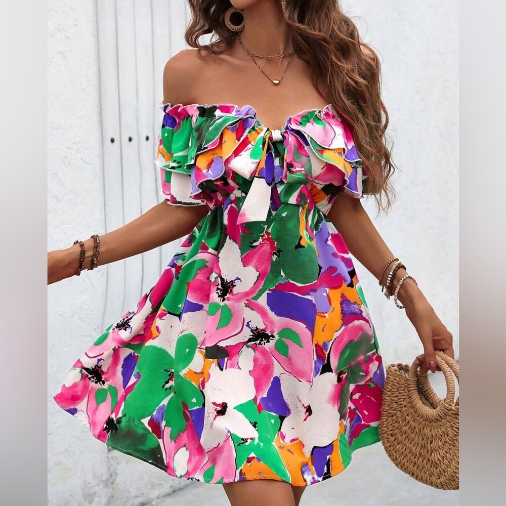 NEW Spring Summer Women Girl Floral Off-Shoulder Ruffle Edge Dress Vacation